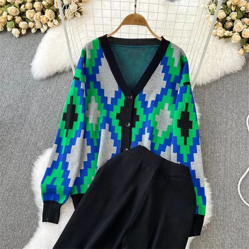 Casual Elegant Diamond Grid V-Neck Button Down Long Sleeve Top with Elastic Waist and Wide Leg Women's Suit Outfit