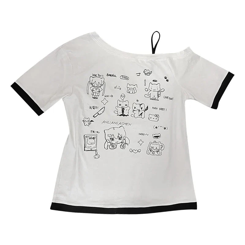 Japanese Y2K Subculture Cute Off-Shoulder White Short-Sleeved Cartoon Print Summer T-Shirt for Women