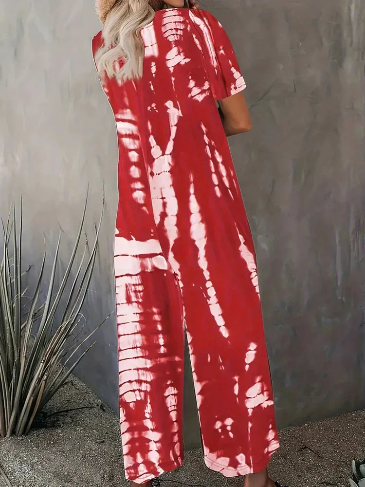 Plus Size Women Summer Jumpsuit Allover Print Wide Leg Short Sleeve Round Neck Relaxed Fit with Pockets Comfortable Casual Outfit