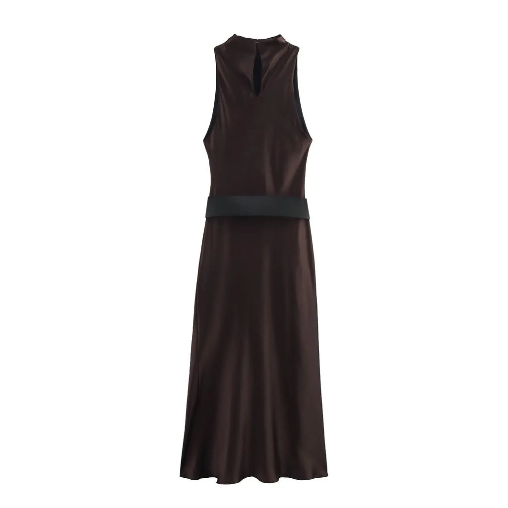 Elegant Satin Belt Midi Dress For Women Vintage Brown