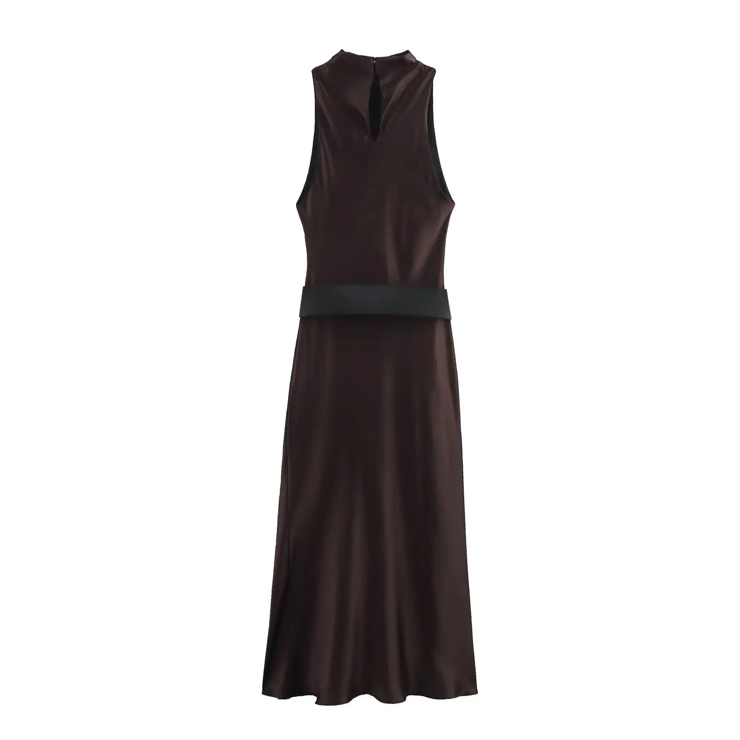 Elegant Satin Belt Midi Dress For Women Vintage Brown