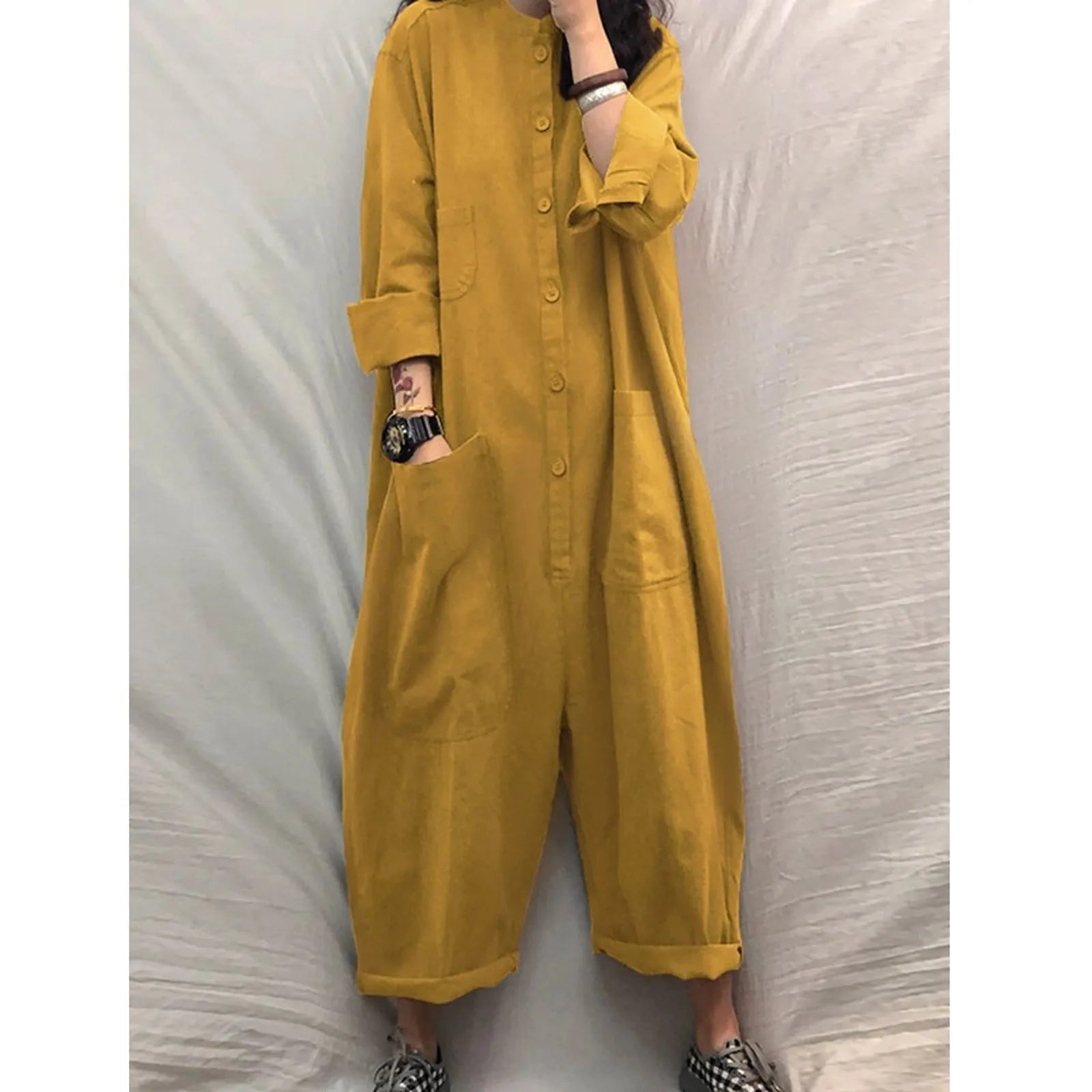 Women Oversized Casual Jumpsuit with Pockets Loose Fit Long Sleeve Romper Solid Color Stand Collar Overalls for Autumn