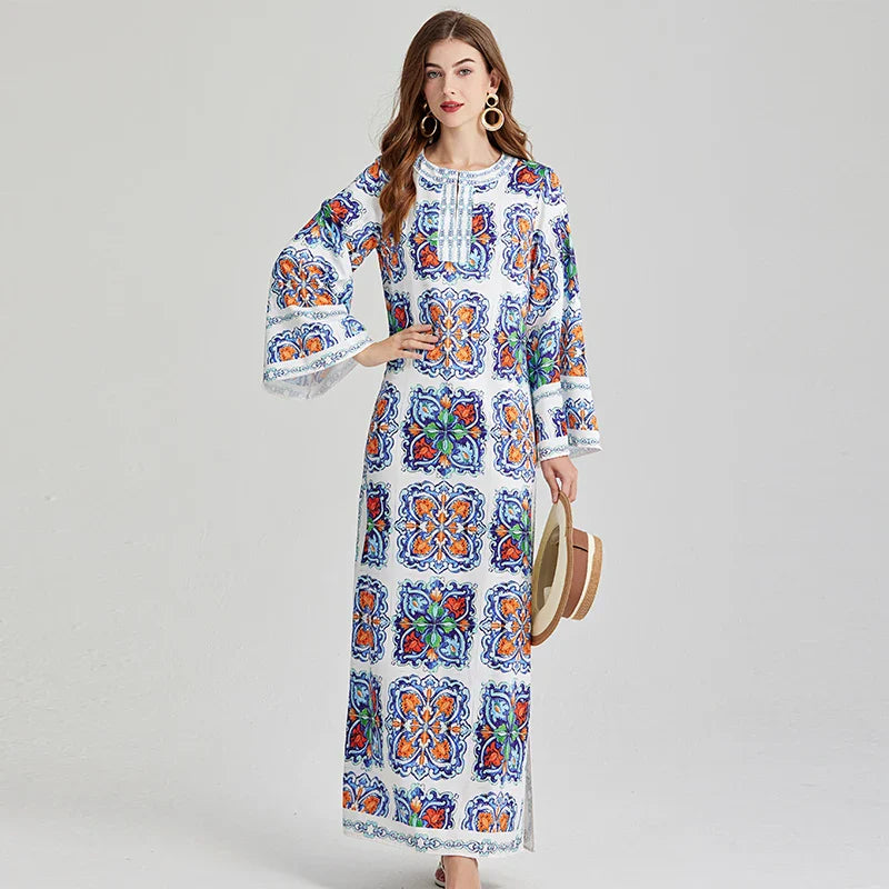 Bohemian Maxi Dress Floral Print Long Sleeve O Neck