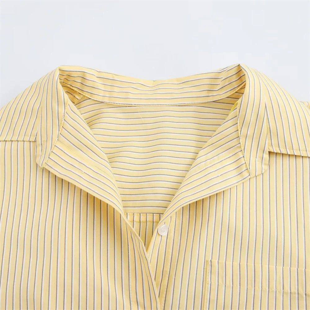 Women's Loose Poplin Shirt and High Waist Striped Pants Set for Spring