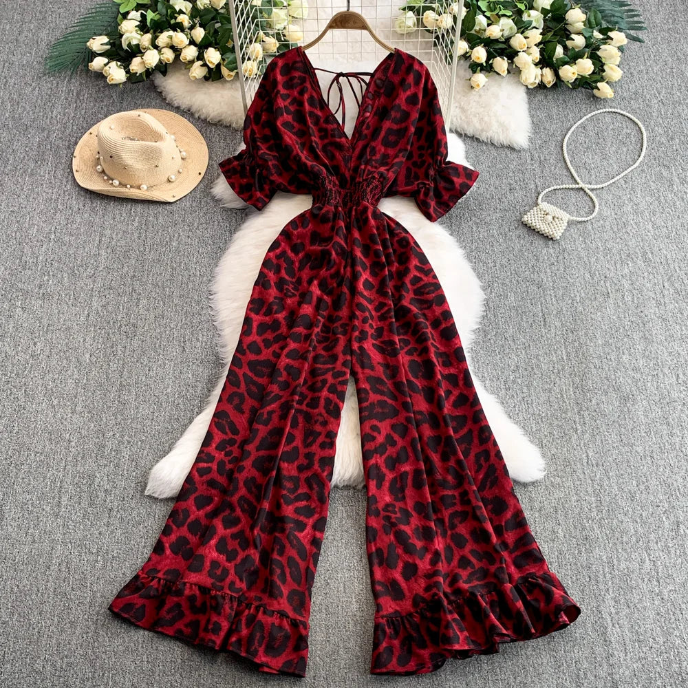 Women's Summer V-Neck Leopard Print Lace-Up Jumpsuit Short Sleeve Loose Fit Playsuit Overalls with Elegant Ruffle Detail