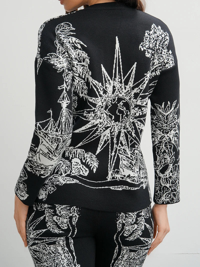 Elegant Women's Loungewear 2 Piece Knit Pants Set with Ink Floral Sweater and Matching Knitted Bottoms