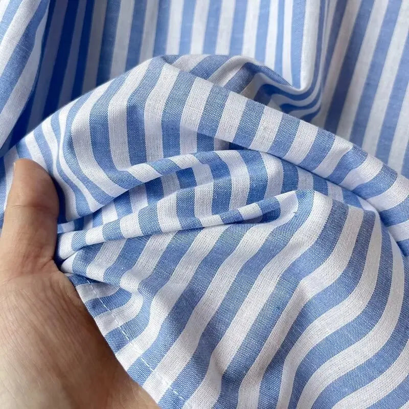 Women's Blue Pure Linen Striped Shirt Comfortable Casual Commuting Top Spring Autumn Lightweight Blouse