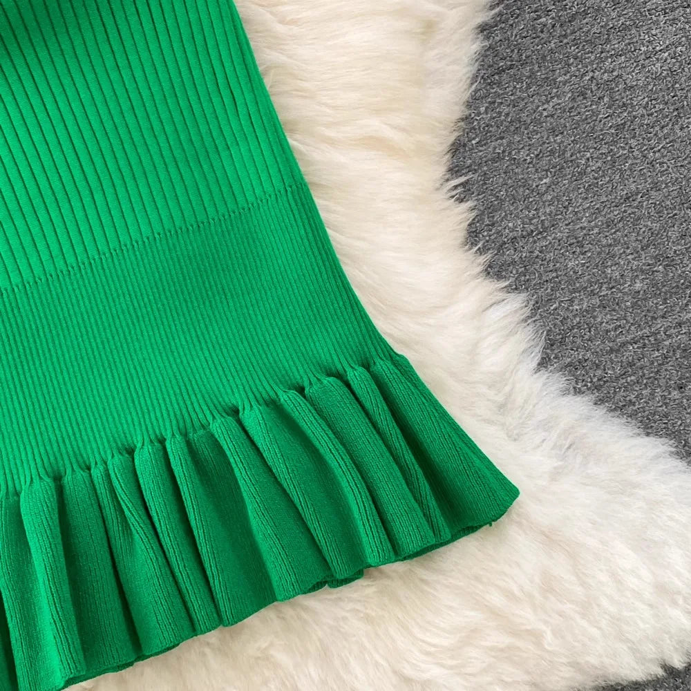 Knitted Mini Dress Women Summer Bodycon Ruffled Elegant