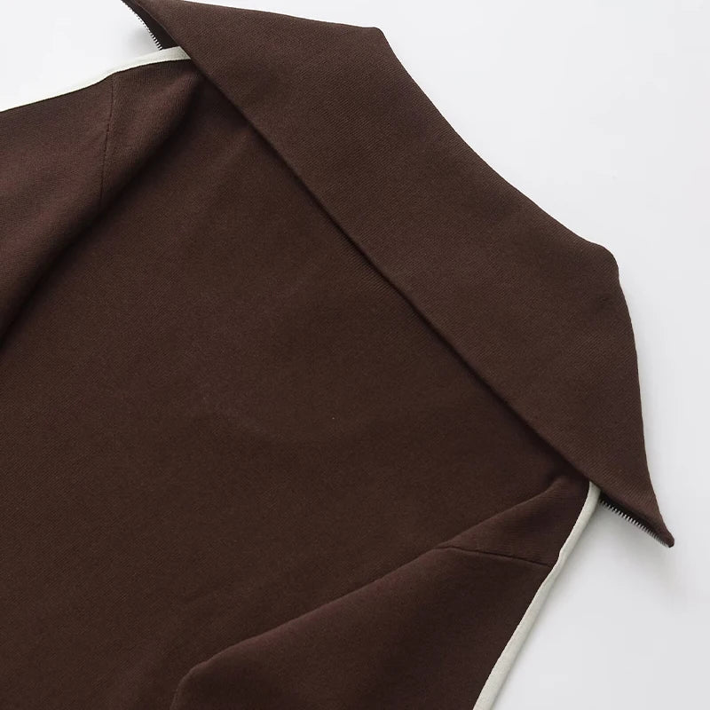 Chic Women's 2 Piece Set Brown Pullover Sweatshirt and Vintage High Elastic Waist Trousers