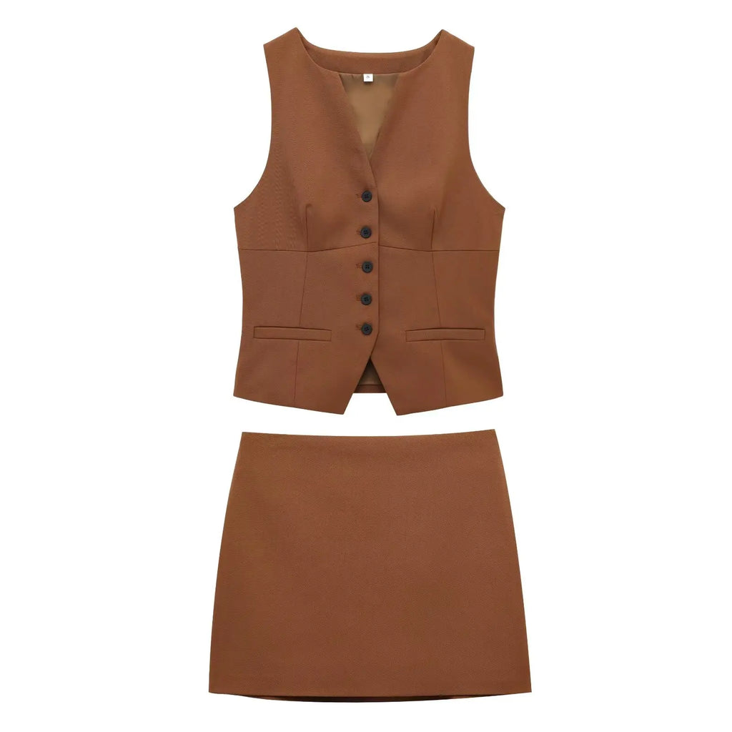 Women's Sleeveless Button-Down Vest with Pockets and Matching Mini Skirt Two-Piece Set for Chic and Stylish Look