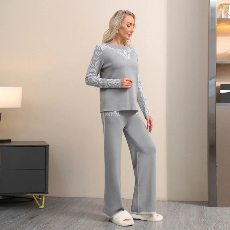 Women Casual Printed Two-Piece Knit Pullover and High Waist Wide Leg Pants Office Suit