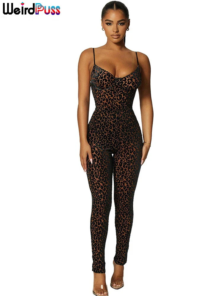Sexy Leopard Print Skinny Women Jumpsuit Sleeveless Backless Stretch Fit Workout Activewear Party Nightclub Outfit