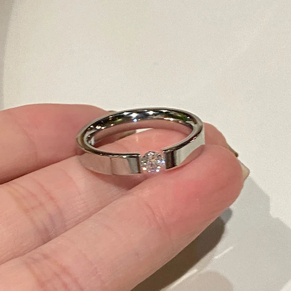 Classic Round Zircon Stainless Steel Engagement Ring for Women in Silver and Gold Color