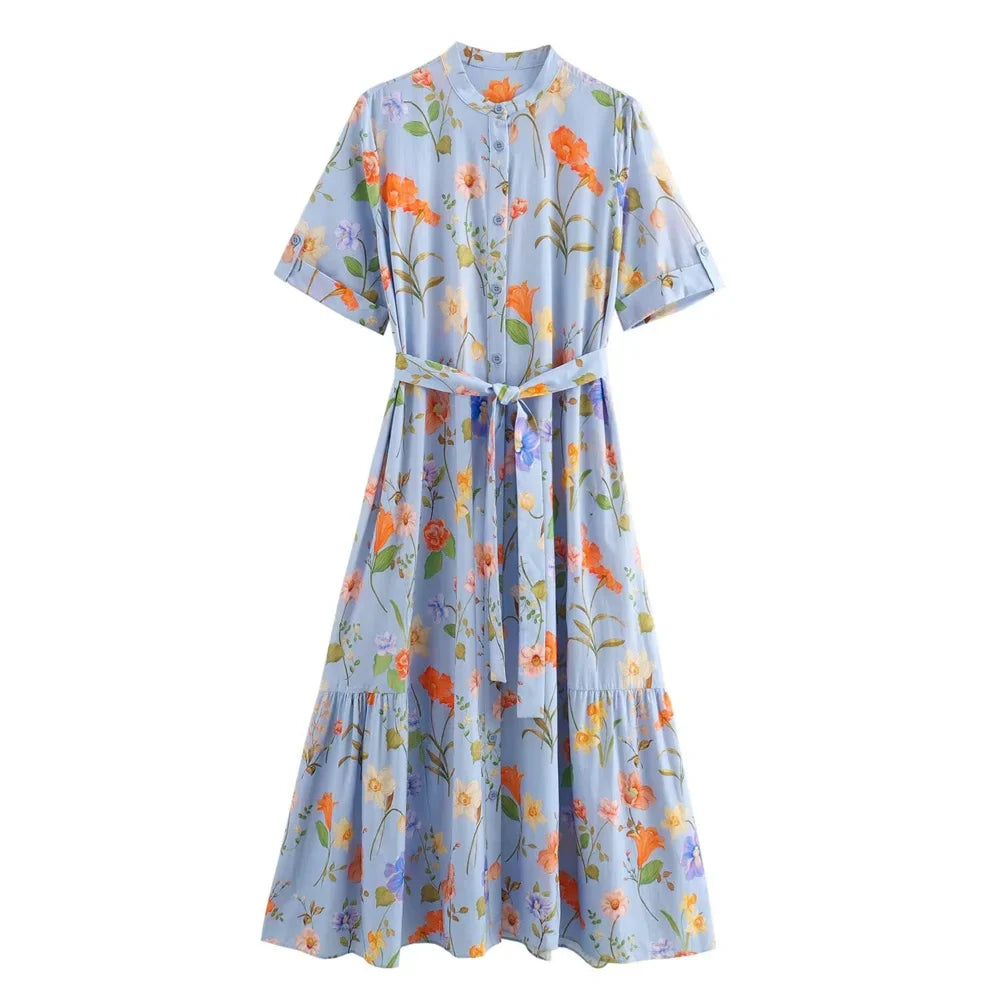 Floral Print Belted Maxi Dress for Women Round Neck