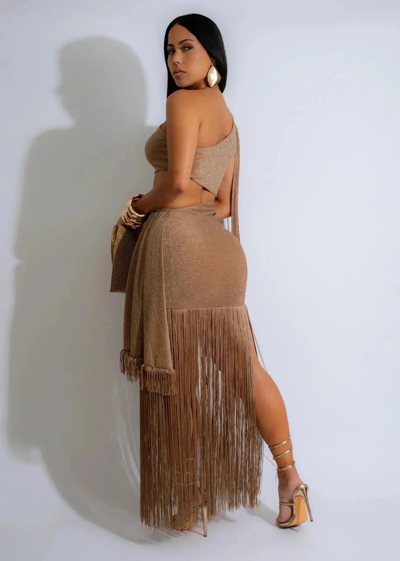 One Shoulder Diagonal Fringe Maxi Dress With Tassels