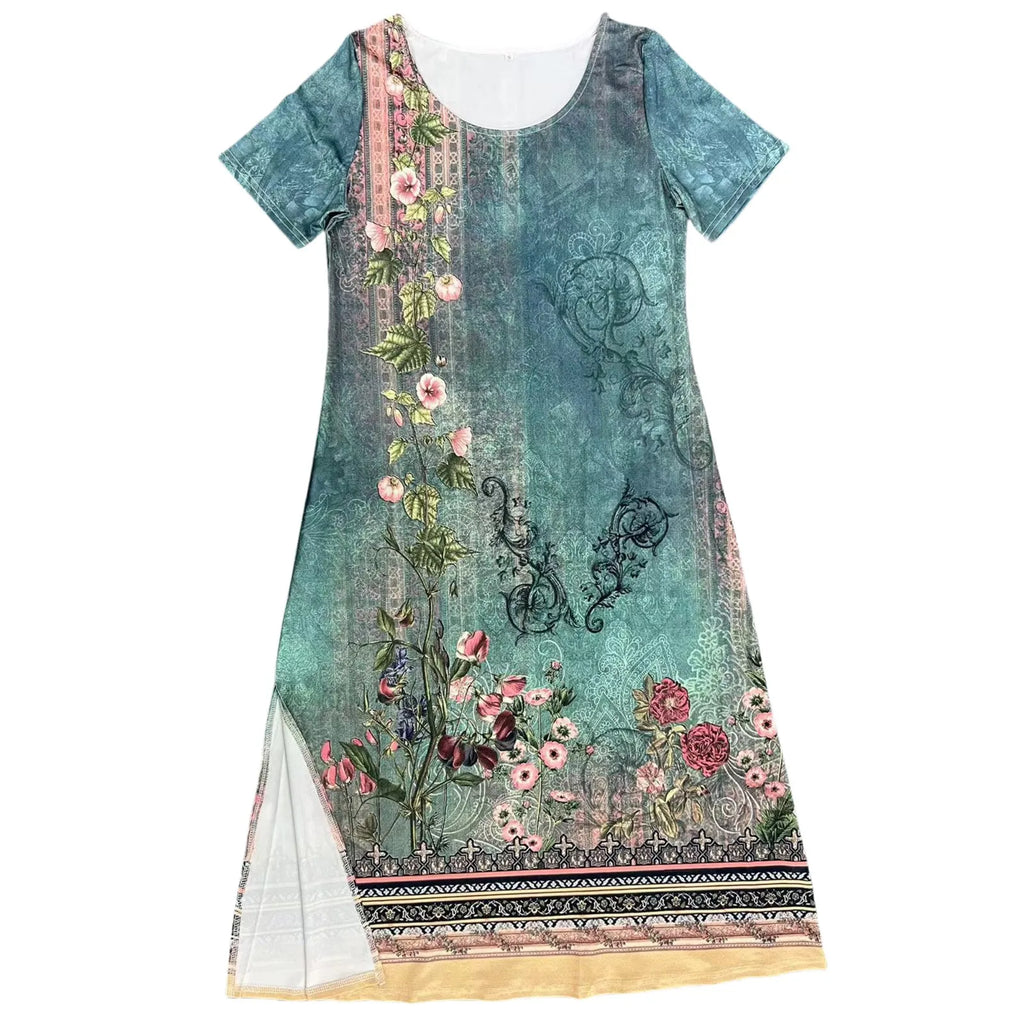 Women Allover Print Dress With Round Neck Short Sleeves