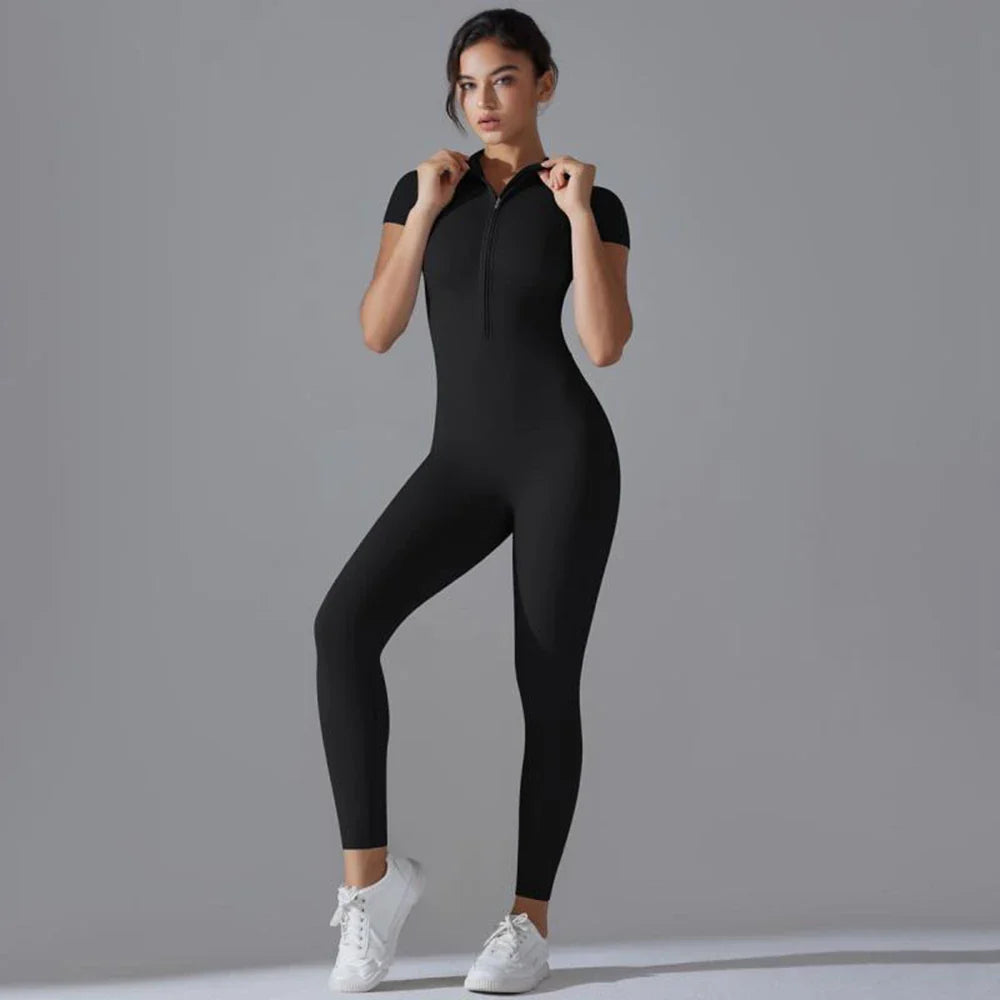Womens Short Sleeve Yoga Jumpsuit Slim Fit Stretch One Piece Romper with Front Zipper Sexy Fitness Activewear Basic Sportwear in Black