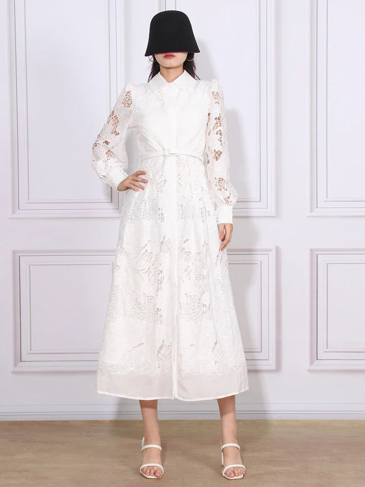 Patchwork Lace Hollow Dress Belted Lantern Sleeve For Women