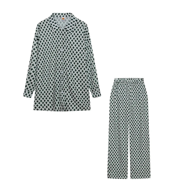 Trendy Print Off Shoulder Shirt and Trouser Set with Long Sleeve Design