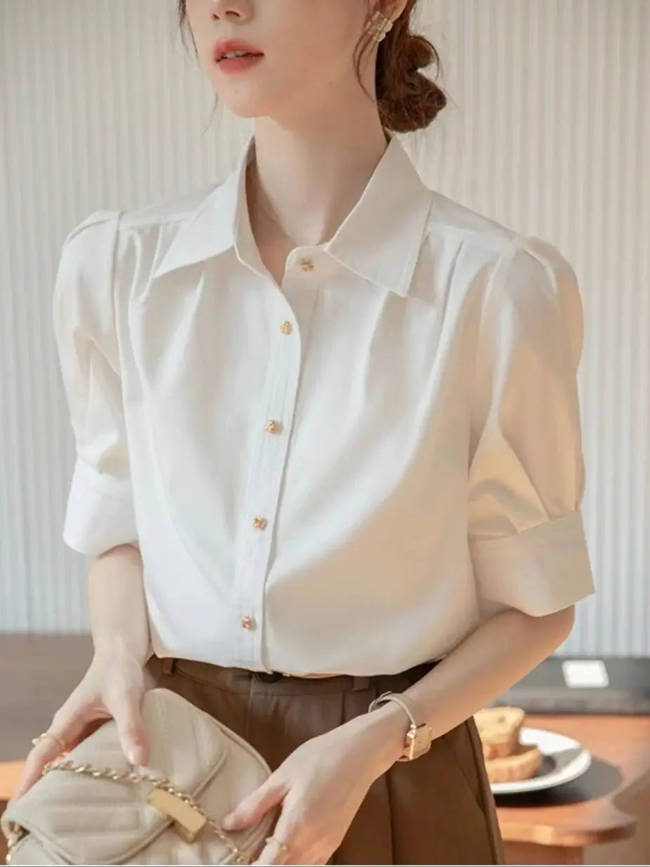 Elegant Summer Short Sleeve Office Shirt for Women Solid Color Basic Button-Up Blouse Stylish and Comfortable Female Workwear Top