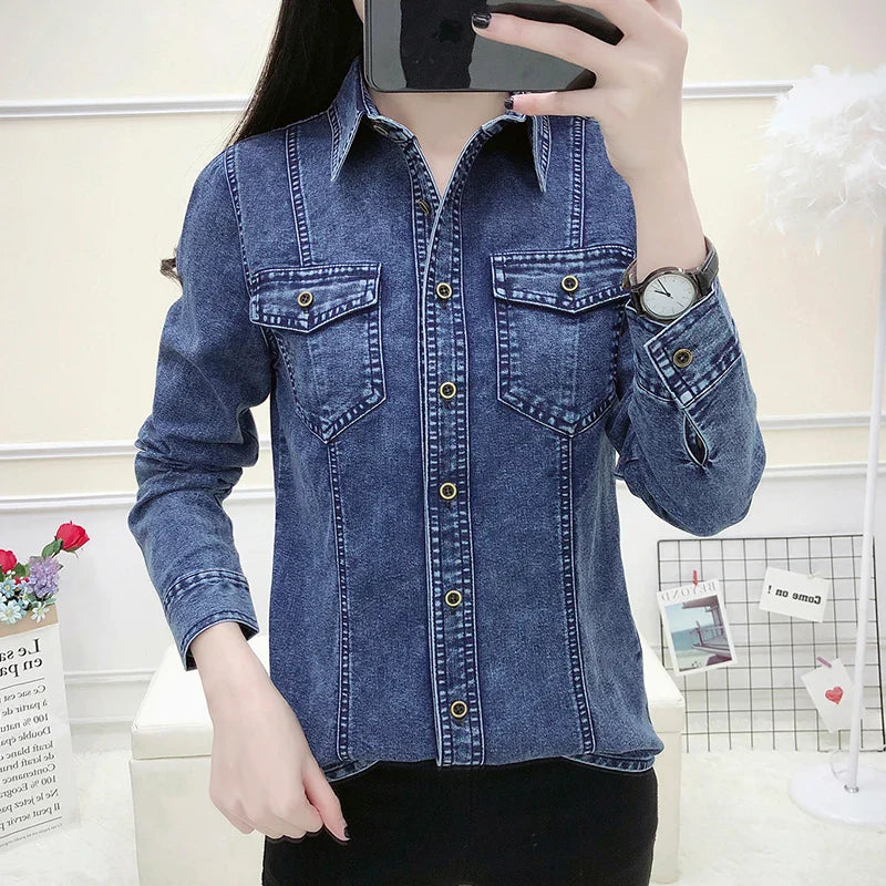 Women's High Quality Denim Shirt Long Sleeve Single Button Blouse with Pockets Casual Korean Style Autumn Winter Top