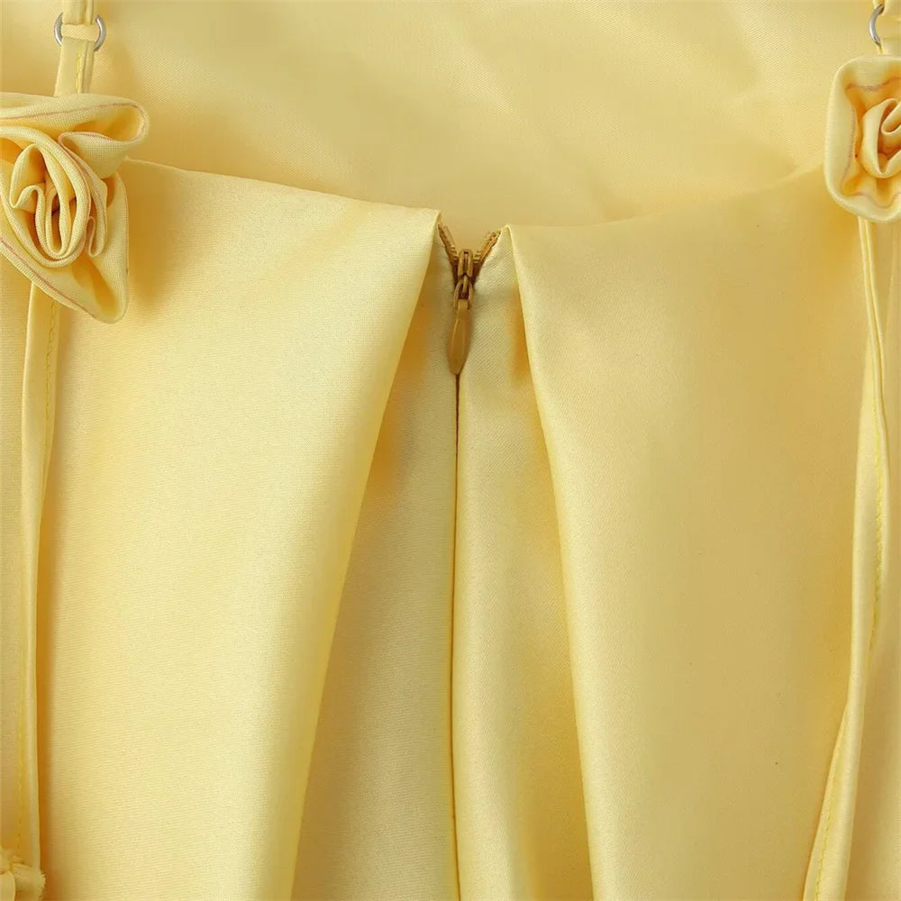 Three Dimensional Flower Satin Strap Skirt For Casual Wear