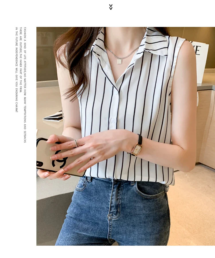 Striped Sleeveless Chiffon Blouse for Women Summer Vest Casual Lightweight Tops Basic White Shirt