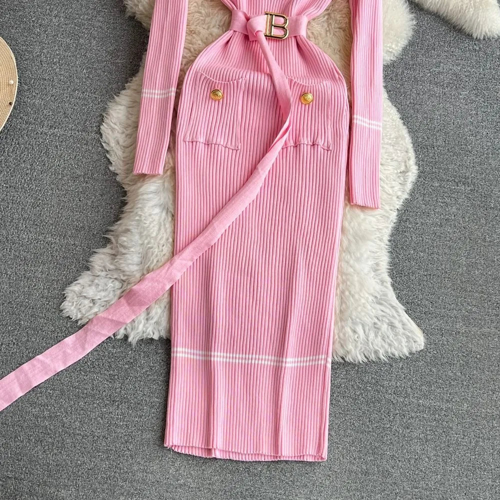 Knitted Sweater Dress With O Neck Belt For Autumn Winter