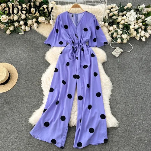 Women Wide Leg Polka Dot Jumpsuit with V Neck Dolman Sleeves and Slim Waist Design
