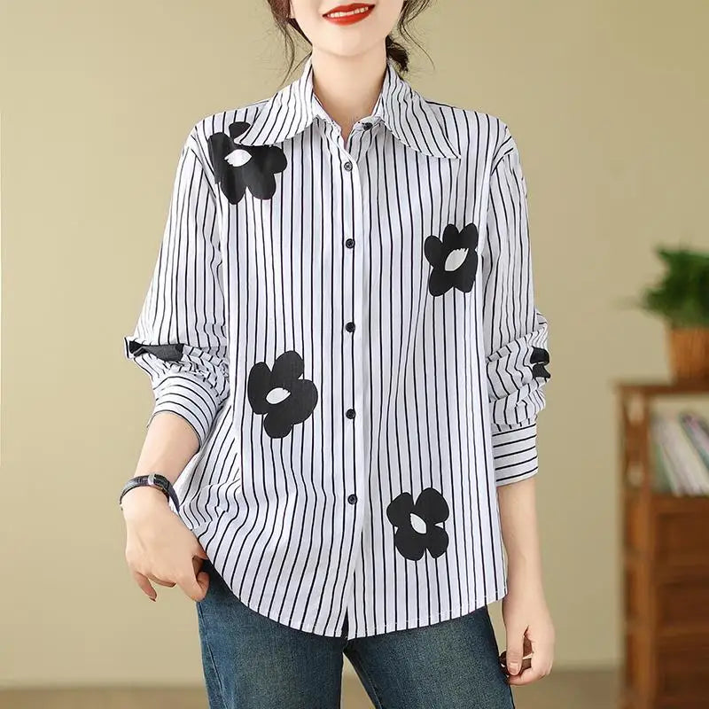 Women's Turn-Down Collar Flower Stripe Long Sleeve Loose Fit Blouse Casual Single Breasted White Vintage-Inspired Shirt Top