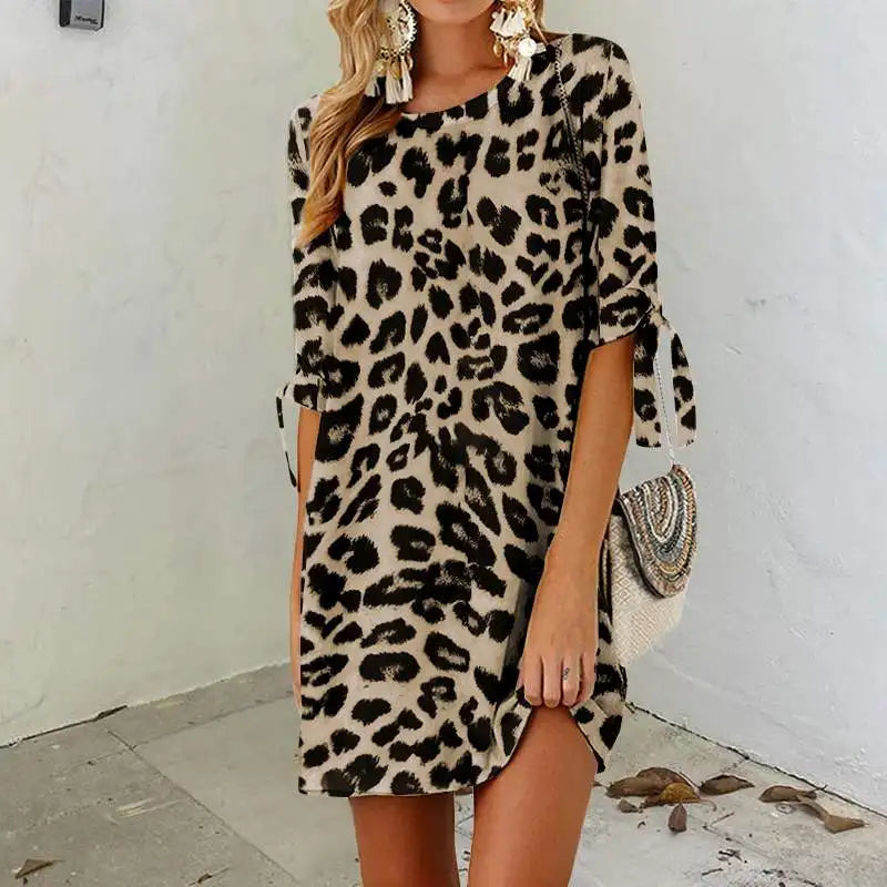 Leopard Print Boho Mini Dress For Beach Sundress Casual