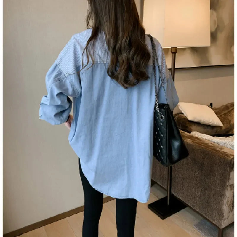 Loose Fit Women's Denim Shirt Long Sleeve Cotton Casual Button-Up Korean Style Autumn Winter Camisa Jeans Shirt