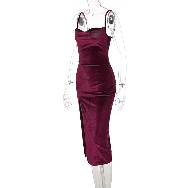 Velvet Bodycon Midi Dress For Party And Evening Wear