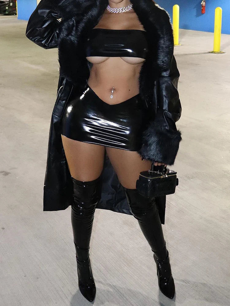 Shiny Solid Two Piece Set for Women Sexy Wrapped Chest Crop Top and Irregular Shape Skinny Hip Skirt Midnight Party Clubwear