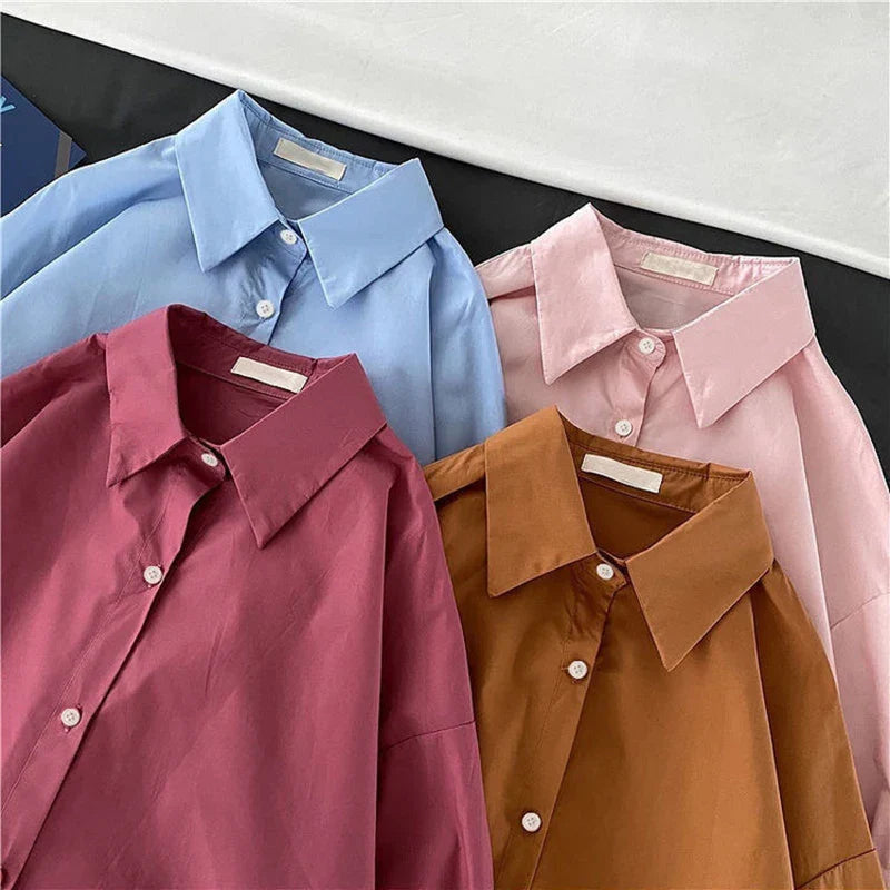 Retro Solid Loose Long Sleeve Shirt Blouse Outerwear Casual Single Breasted Spring Top Simple Trend