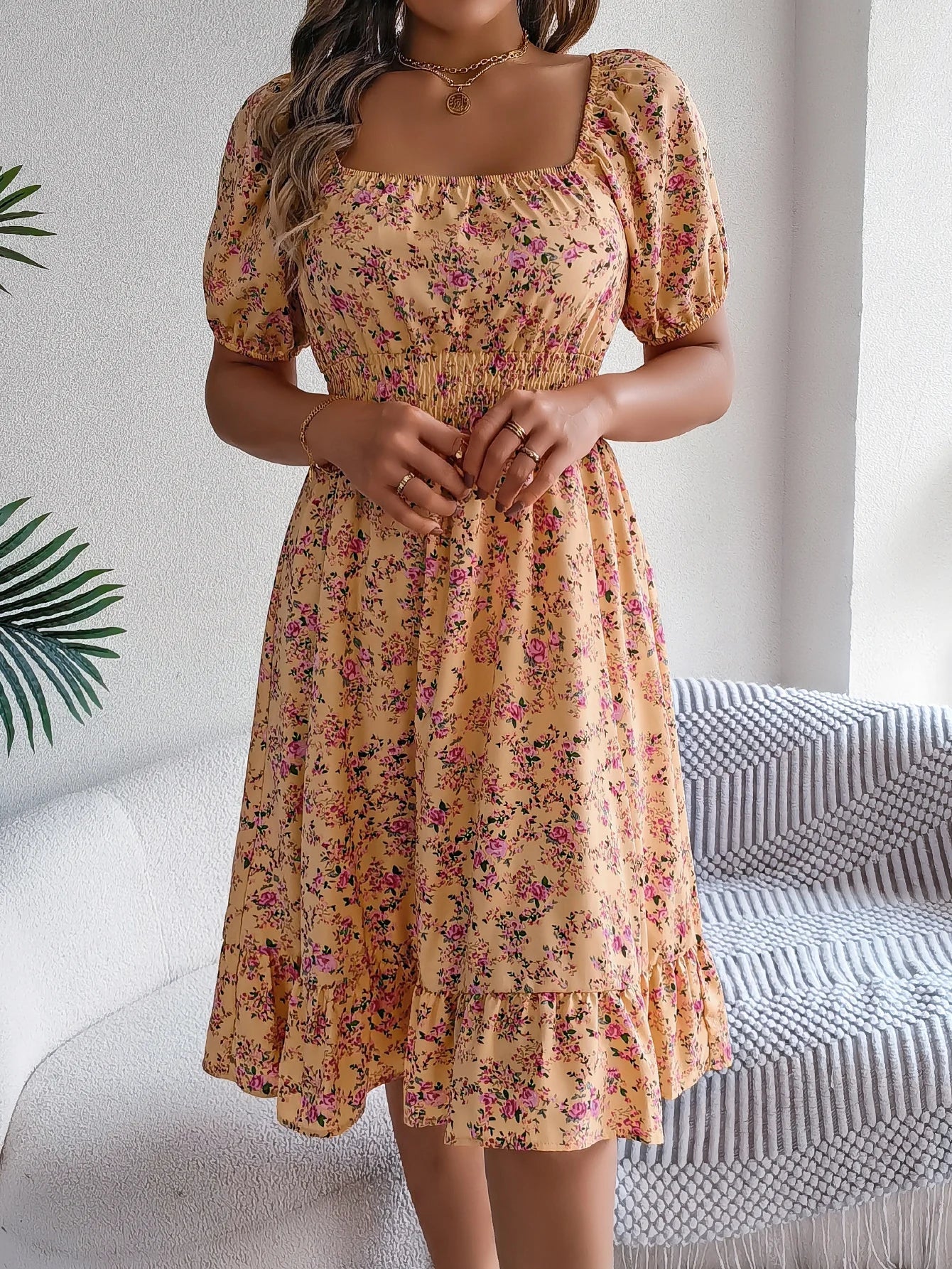 Floral Print Square Neck Dress With Shirred Waist Detail