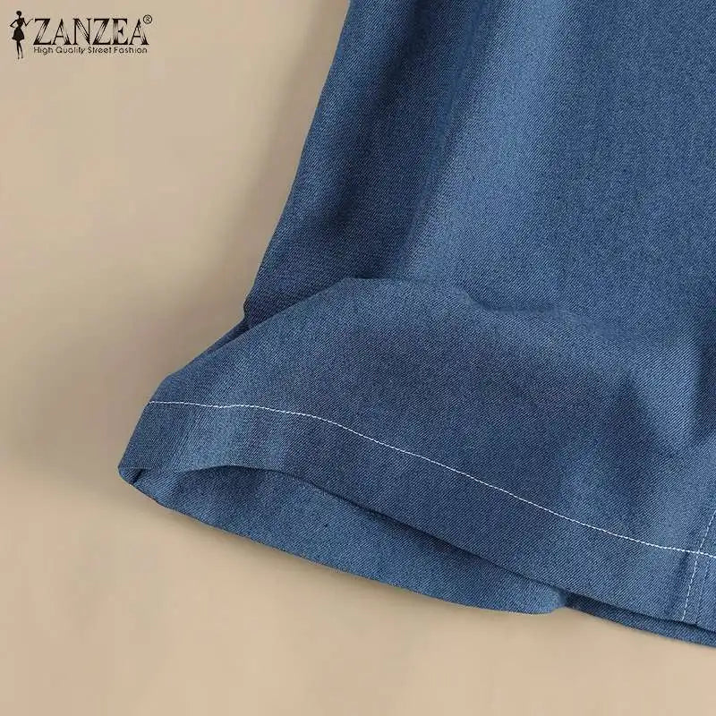 Denim Midi Dress for Women Sleeveless O Neck Blue Casual