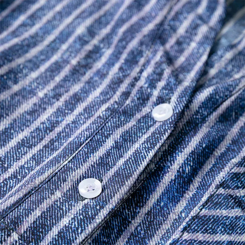 Women 100 Percent Mulberry Crepe Silk Shirt Blue Jeans Stripe Printed Three Quarter Sleeve Pullover Blouse Elegant Office Top in M L XL