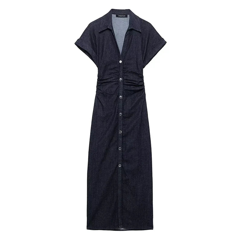 Denim Pleated Midi Dress Blue Short Sleeves Lapel Neck
