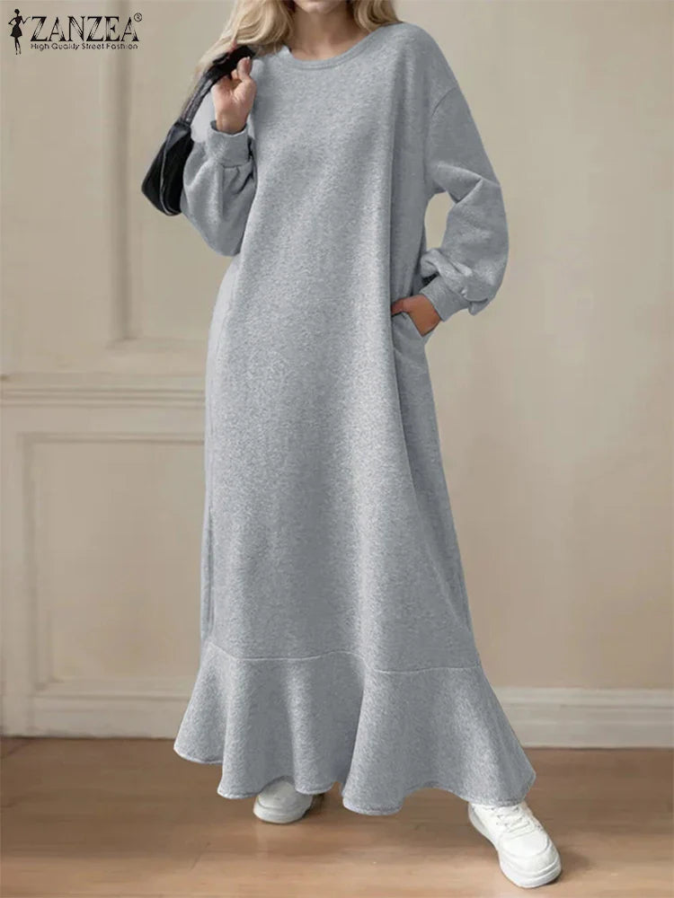 Autumn Boho Long Sleeve Sweatshirt Maxi Dress With Pockets