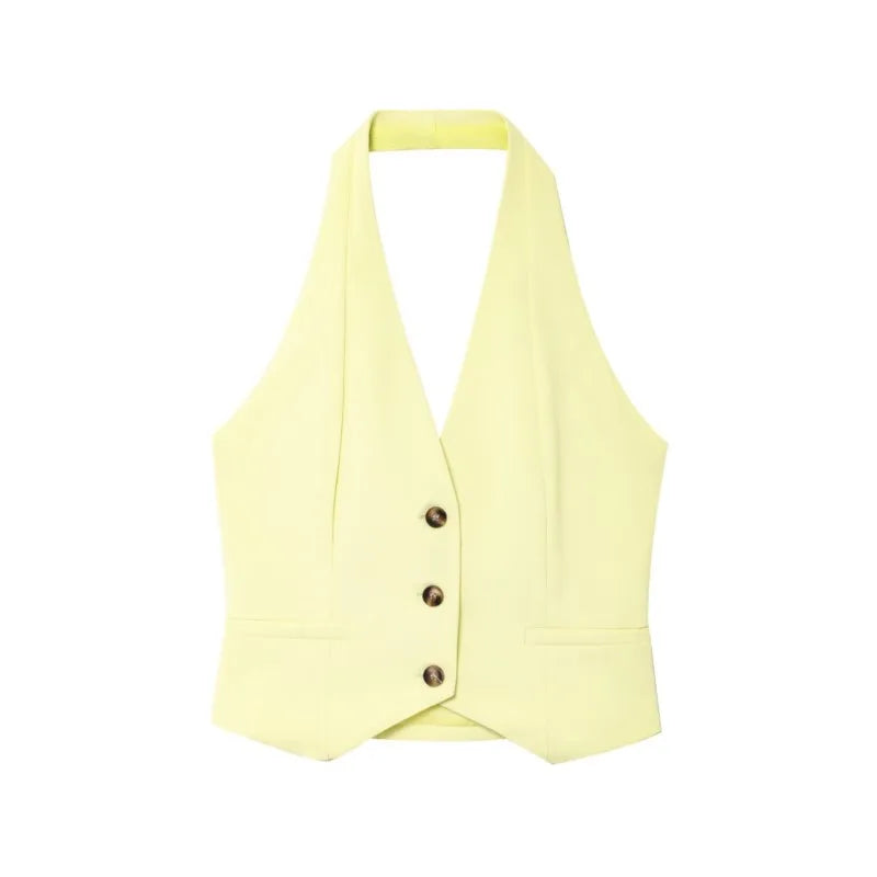 Double Pleat Trouser Set for Women with V Neck Halter Waistcoat and High Waist Trousers