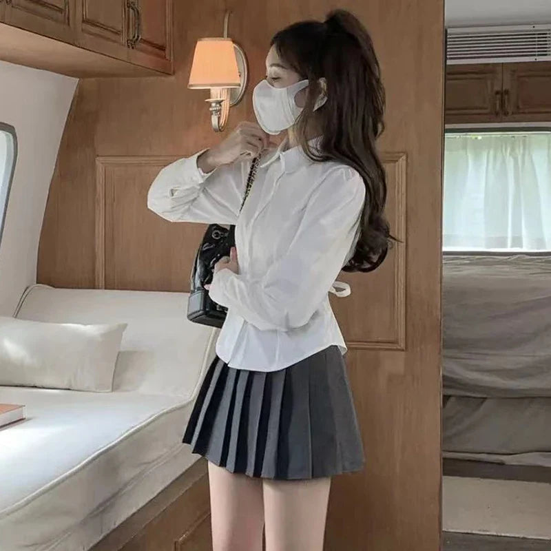 Preppy Long Sleeve White Shirt for Women Korean Chic Button-Up JK Blouse Student Uniform with Fashionable Lace-Up Detail