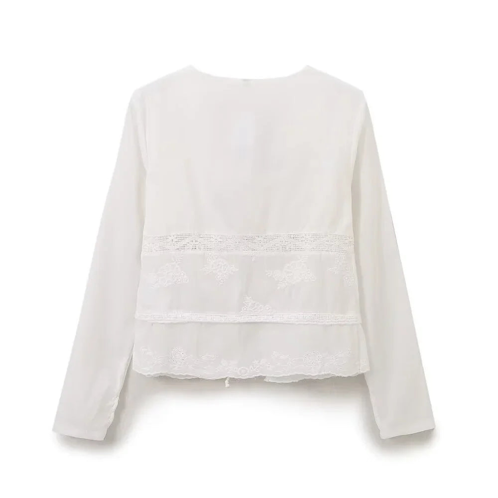 White Embroidered Shirt with Elegant French Bow Detail Slim Fit Three-Dimensional Styling Casual and Business Wear