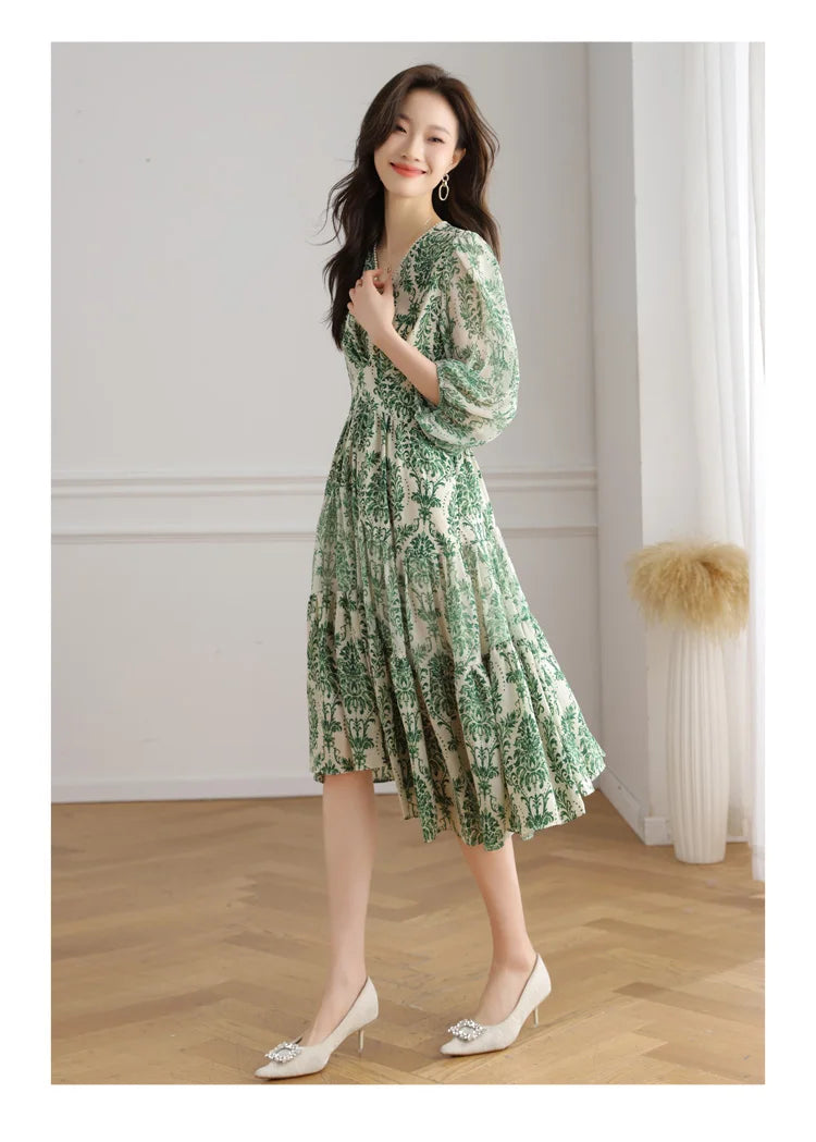Floral Chiffon Dress For Women V Neck A Line Dress
