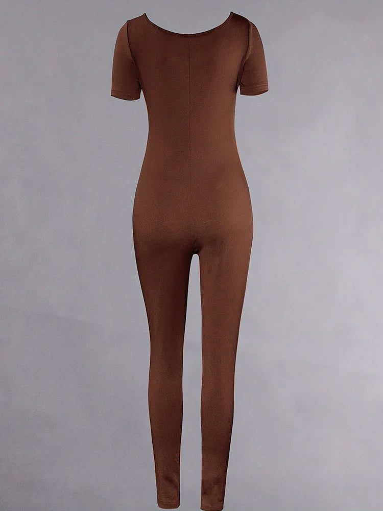 Women's Slim Fit One-Piece Yoga Jumpsuit with Round Neck and Short Sleeves Solid Color Fitness Sportswear