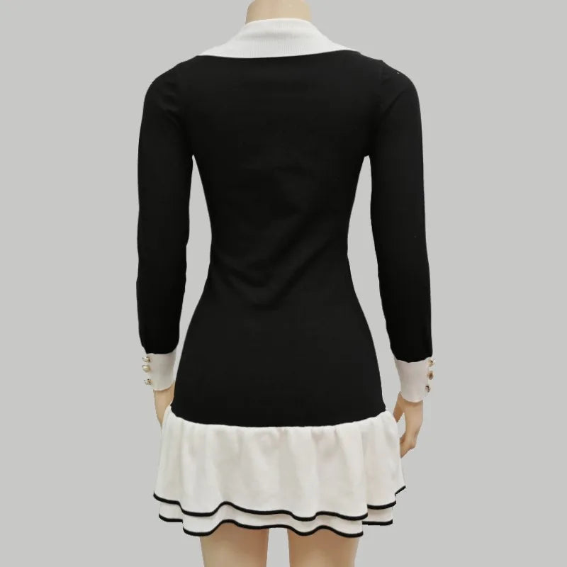 Knitted Dress With Pearl Buckle And Ruffle Edge Sleeves