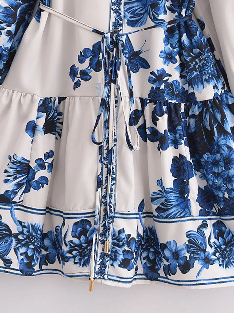 Womens Vintage Print Mini Dress With Bow Sash Long Sleeve