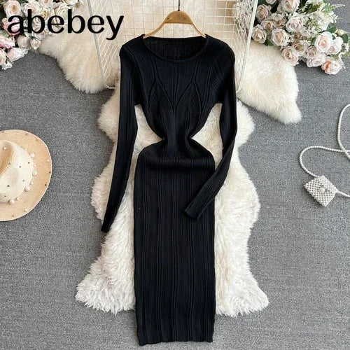 Long Sleeve Knitted Bodycon Dress For Women Autumn Retro