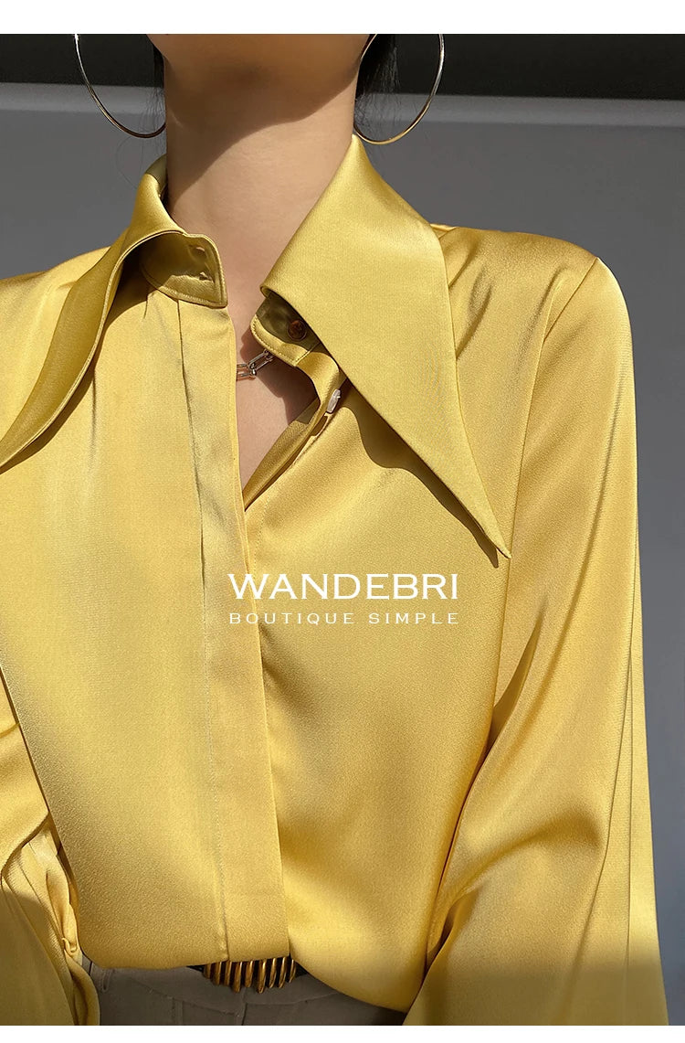 Elegant Turn Down Collar Satin Silk Blouse Vintage Button Closure White Lantern Sleeve Office Lady Shirt Chic Feminine Top