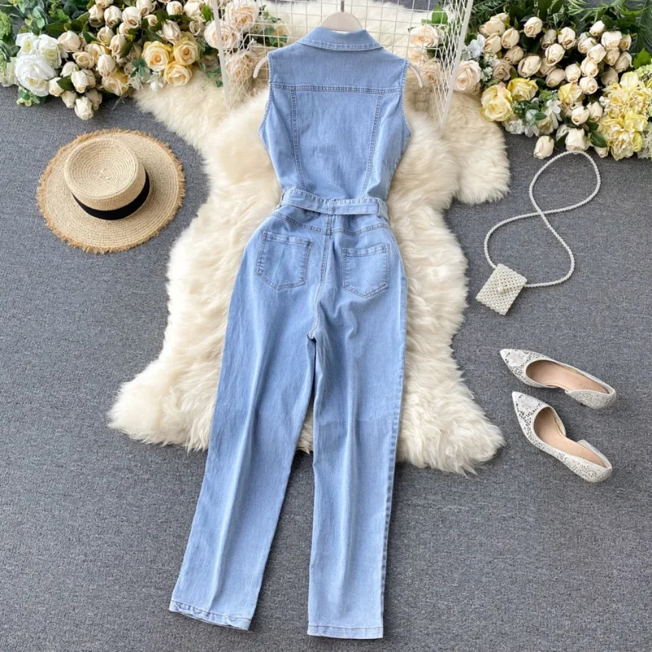 Sleeveless Denim Jumpsuit with Turn-Down Collar and Single Breasted Pockets Casual Summer Jean Outfit for Women with Stylish Sash Belt